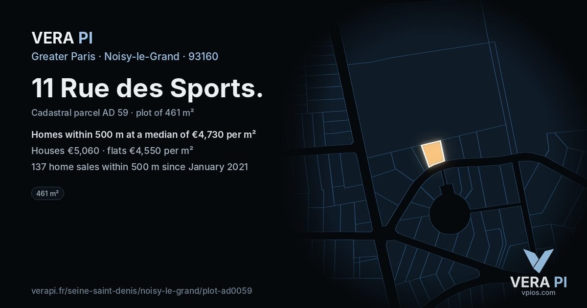 11 Rue des Sports, Noisy-le-Grand at night – the plot lit, the parcels around coloured by the prices near them