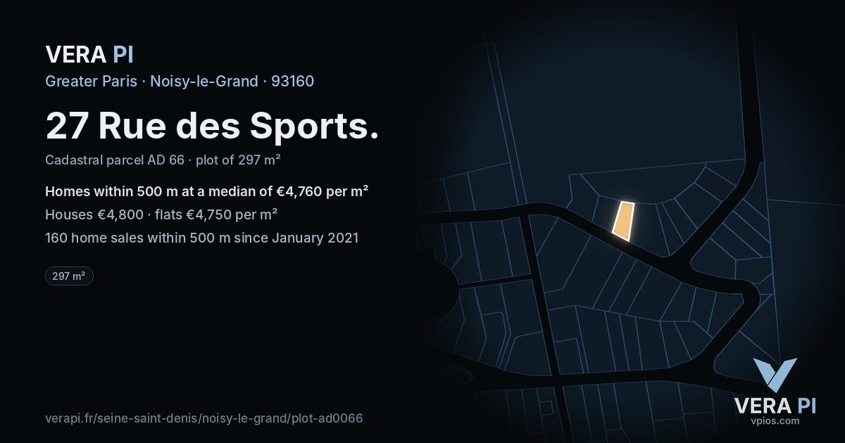 27 Rue des Sports, Noisy-le-Grand at night – the plot lit, the parcels around coloured by the prices near them