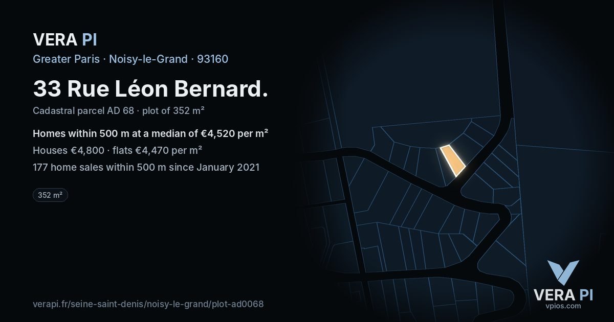 33 Rue Léon Bernard, Noisy-le-Grand at night – the plot lit, the parcels around coloured by the prices near them