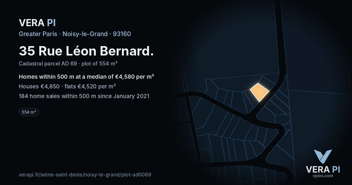 35 Rue Léon Bernard, Noisy-le-Grand at night – the plot lit, the parcels around coloured by the prices near them