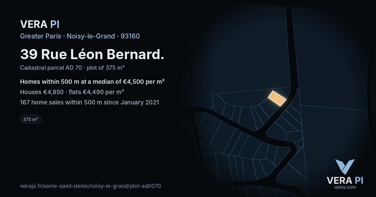 39 Rue Léon Bernard, Noisy-le-Grand at night – the plot lit, the parcels around coloured by the prices near them