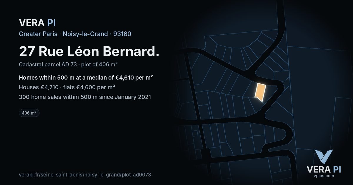 27 Rue Léon Bernard, Noisy-le-Grand at night – the plot lit, the parcels around coloured by the prices near them