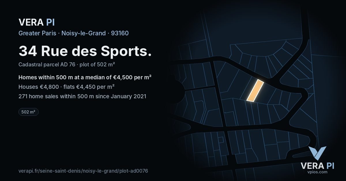 34 Rue des Sports, Noisy-le-Grand at night – the plot lit, the parcels around coloured by the prices near them