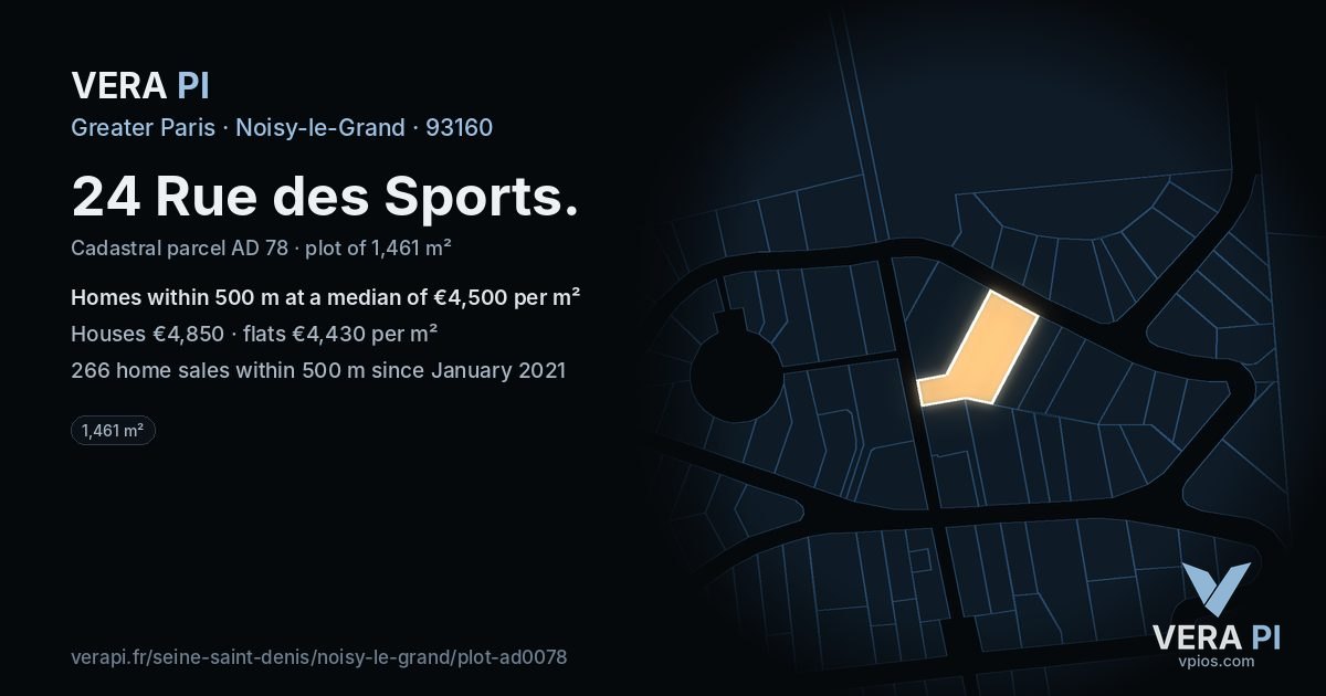 24 Rue des Sports, Noisy-le-Grand at night – the plot lit, the parcels around coloured by the prices near them