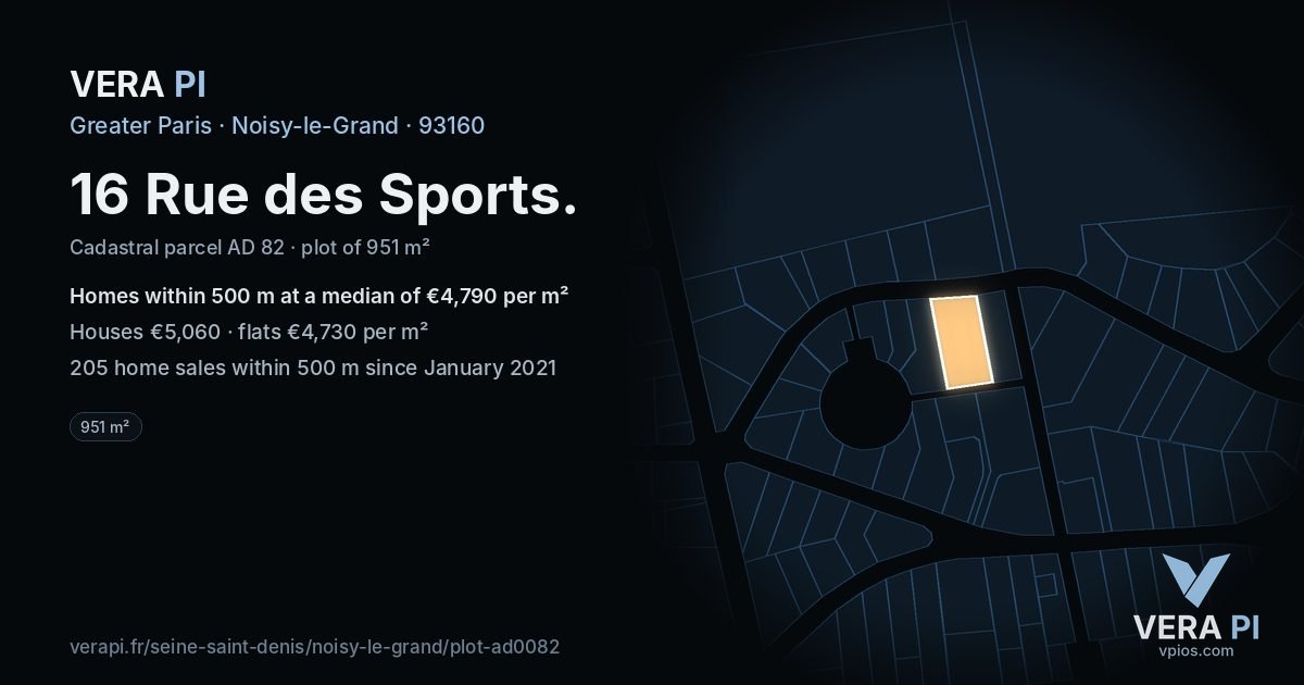 16 Rue des Sports, Noisy-le-Grand at night – the plot lit, the parcels around coloured by the prices near them