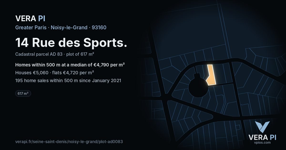 14 Rue des Sports, Noisy-le-Grand at night – the plot lit, the parcels around coloured by the prices near them