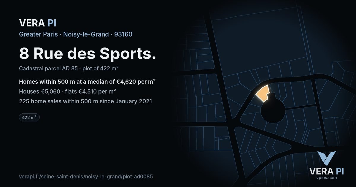 8 Rue des Sports, Noisy-le-Grand at night – the plot lit, the parcels around coloured by the prices near them