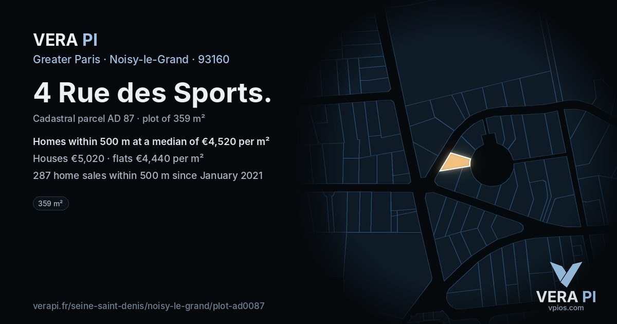 4 Rue des Sports, Noisy-le-Grand at night – the plot lit, the parcels around coloured by the prices near them