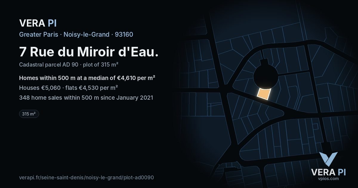 7 Rue du Miroir d'Eau, Noisy-le-Grand at night – the plot lit, the parcels around coloured by the prices near them