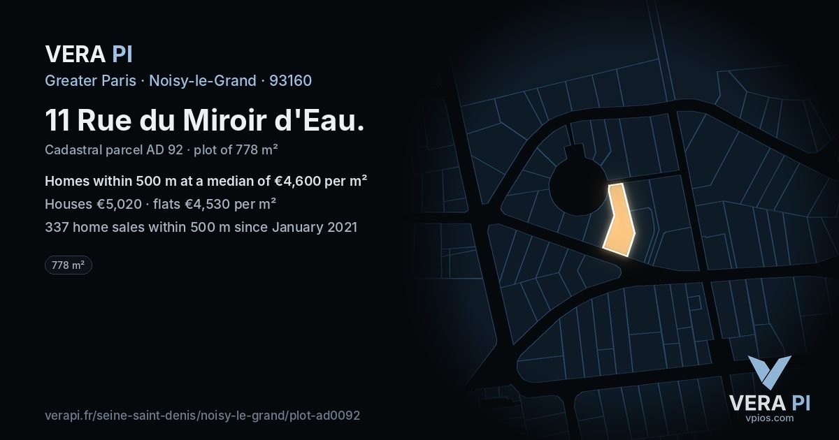 11 Rue du Miroir d'Eau, Noisy-le-Grand at night – the plot lit, the parcels around coloured by the prices near them