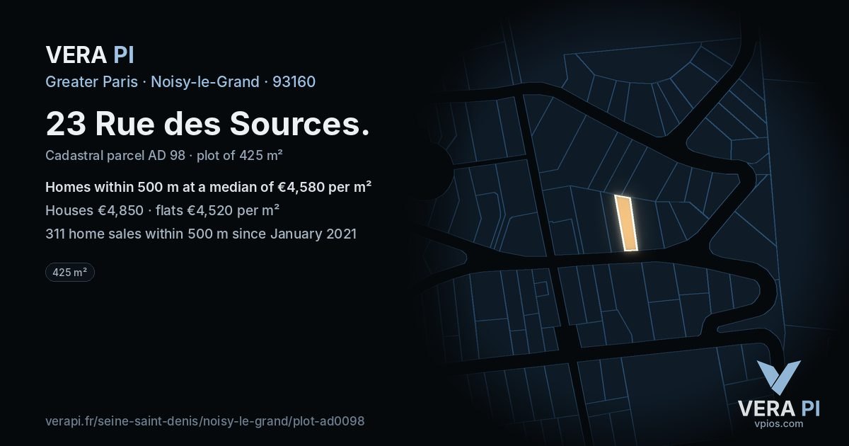 23 Rue des Sources, Noisy-le-Grand at night – the plot lit, the parcels around coloured by the prices near them