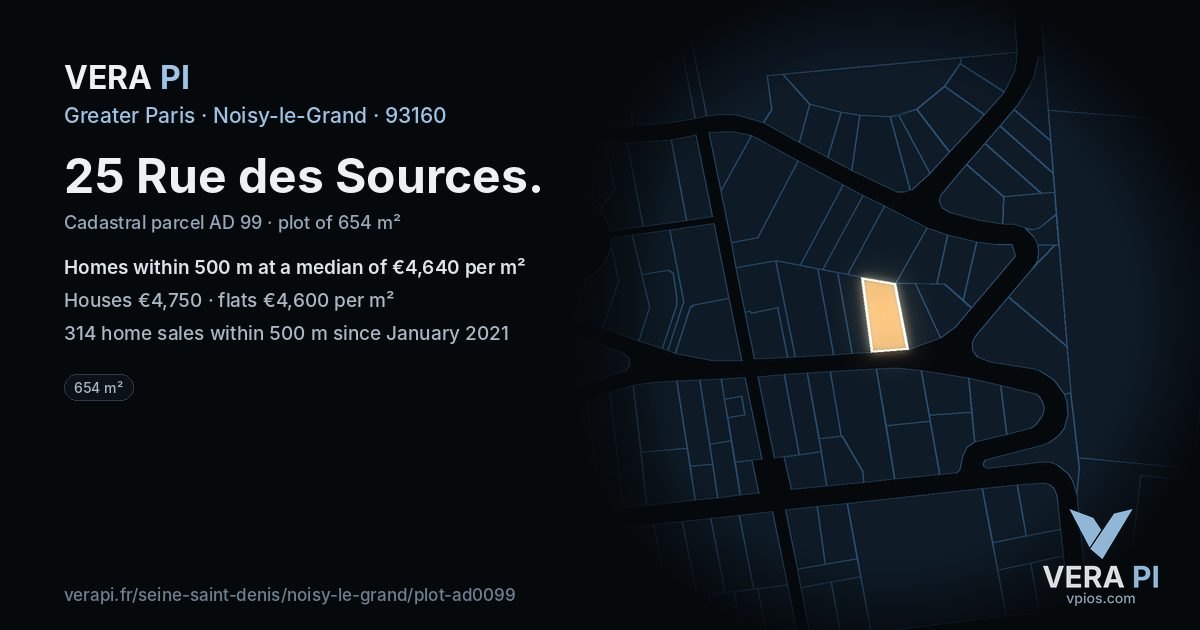 25 Rue des Sources, Noisy-le-Grand at night – the plot lit, the parcels around coloured by the prices near them