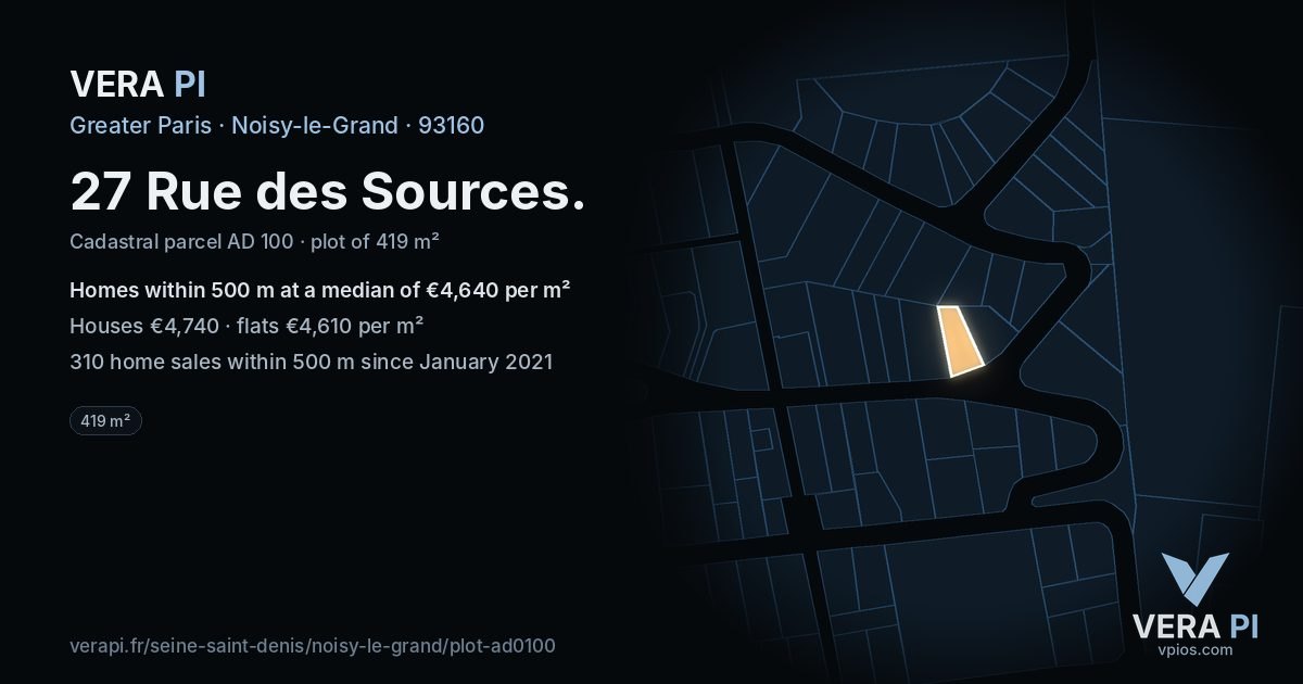27 Rue des Sources, Noisy-le-Grand at night – the plot lit, the parcels around coloured by the prices near them