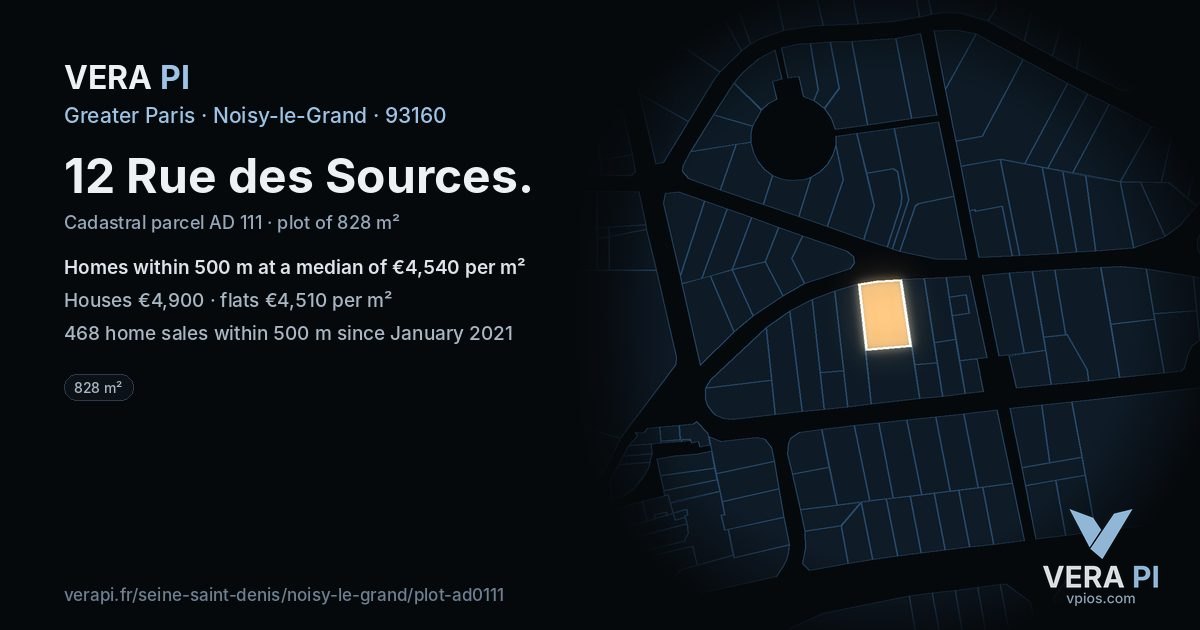 12 Rue des Sources, Noisy-le-Grand at night – the plot lit, the parcels around coloured by the prices near them