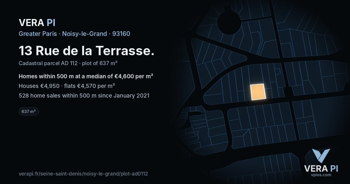 13 Rue de la Terrasse, Noisy-le-Grand at night – the plot lit, the parcels around coloured by the prices near them