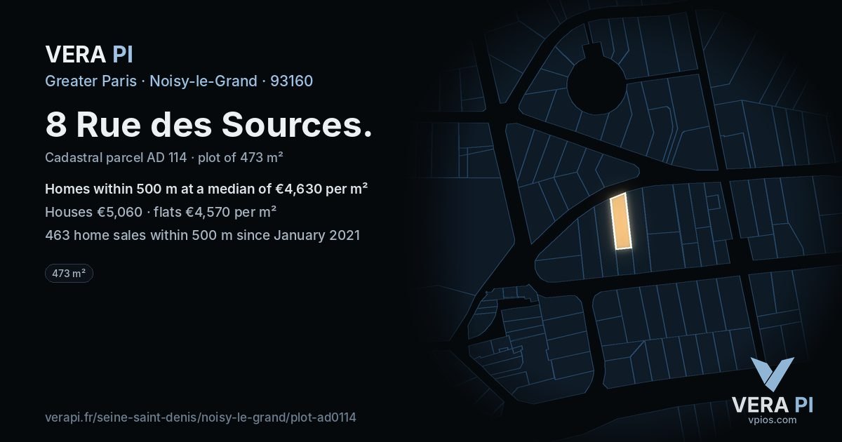8 Rue des Sources, Noisy-le-Grand at night – the plot lit, the parcels around coloured by the prices near them