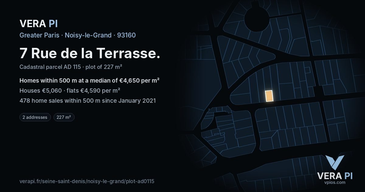 7 Rue de la Terrasse, Noisy-le-Grand at night – the plot lit, the parcels around coloured by the prices near them