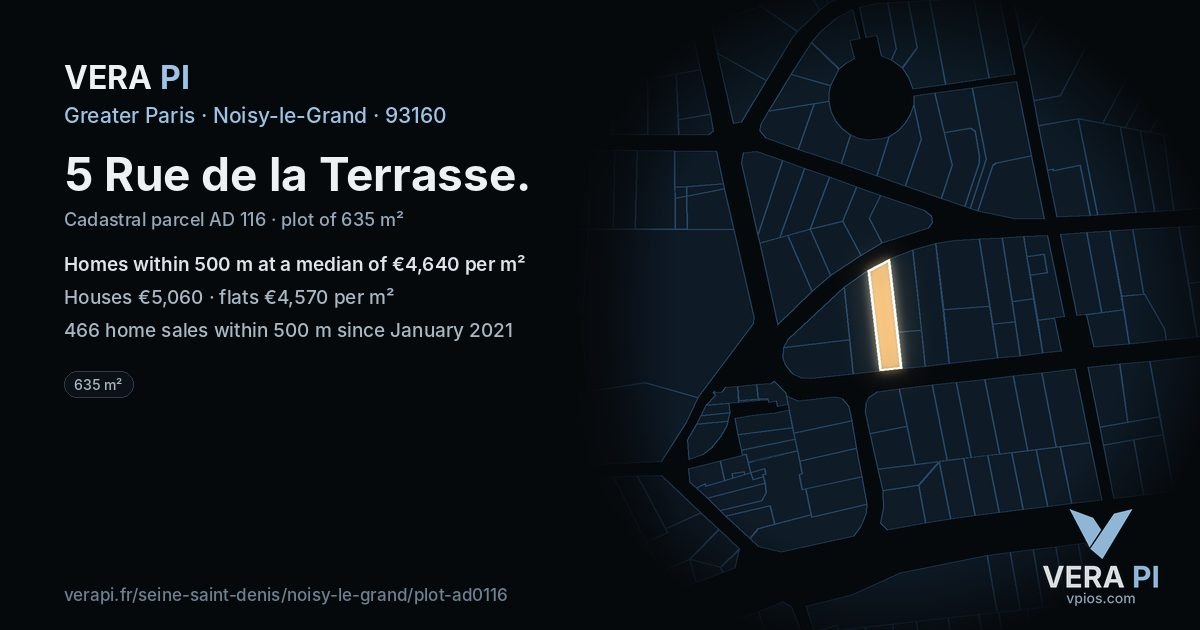 5 Rue de la Terrasse, Noisy-le-Grand at night – the plot lit, the parcels around coloured by the prices near them