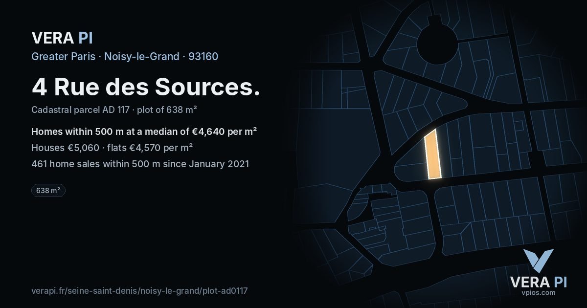 4 Rue des Sources, Noisy-le-Grand at night – the plot lit, the parcels around coloured by the prices near them