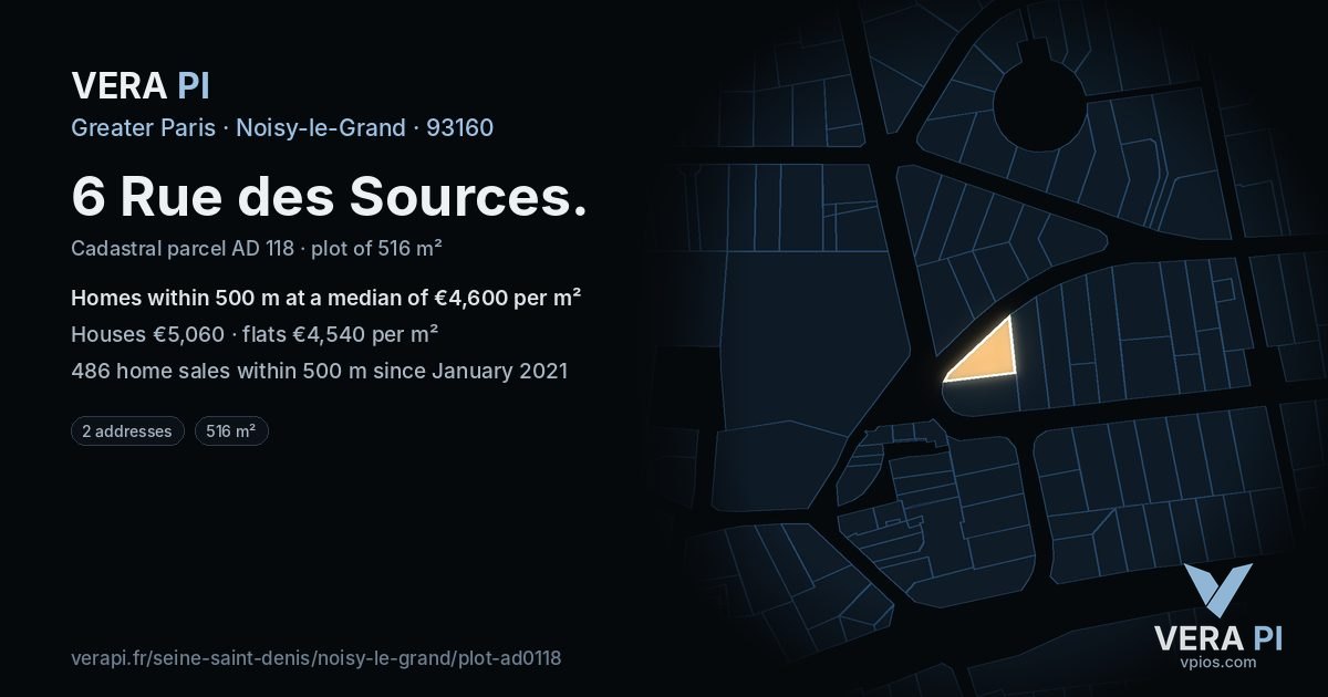 6 Rue des Sources, Noisy-le-Grand at night – the plot lit, the parcels around coloured by the prices near them