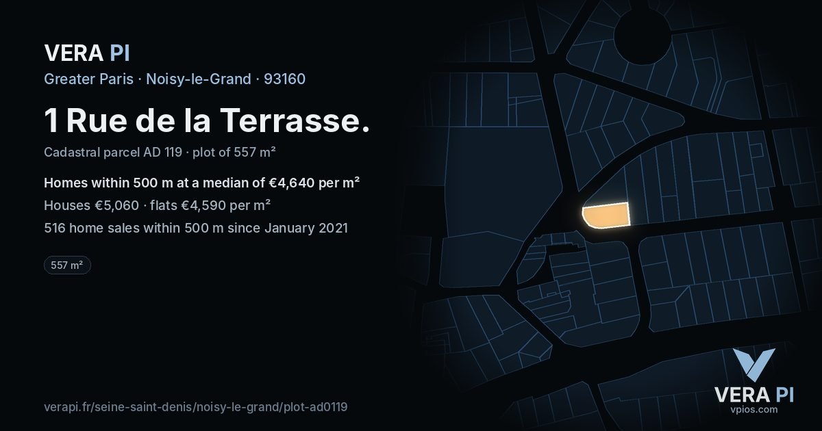 1 Rue de la Terrasse, Noisy-le-Grand at night – the plot lit, the parcels around coloured by the prices near them