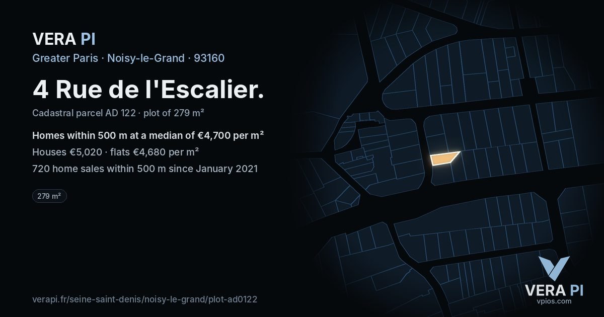 4 Rue de l'Escalier, Noisy-le-Grand at night – the plot lit, the parcels around coloured by the prices near them