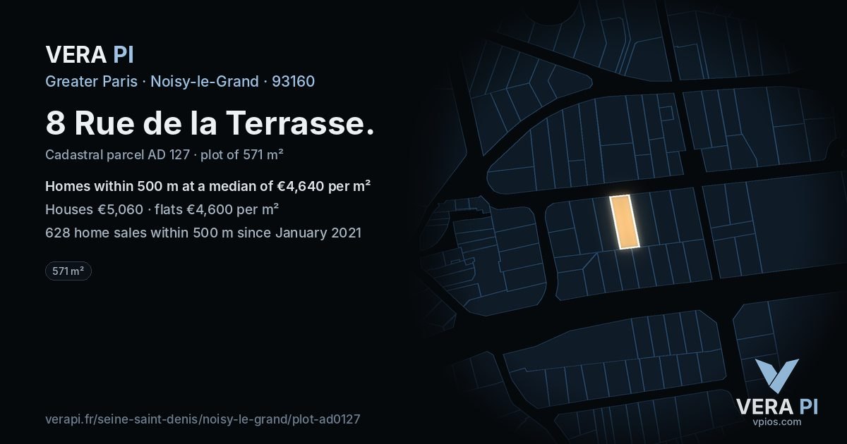 8 Rue de la Terrasse, Noisy-le-Grand at night – the plot lit, the parcels around coloured by the prices near them