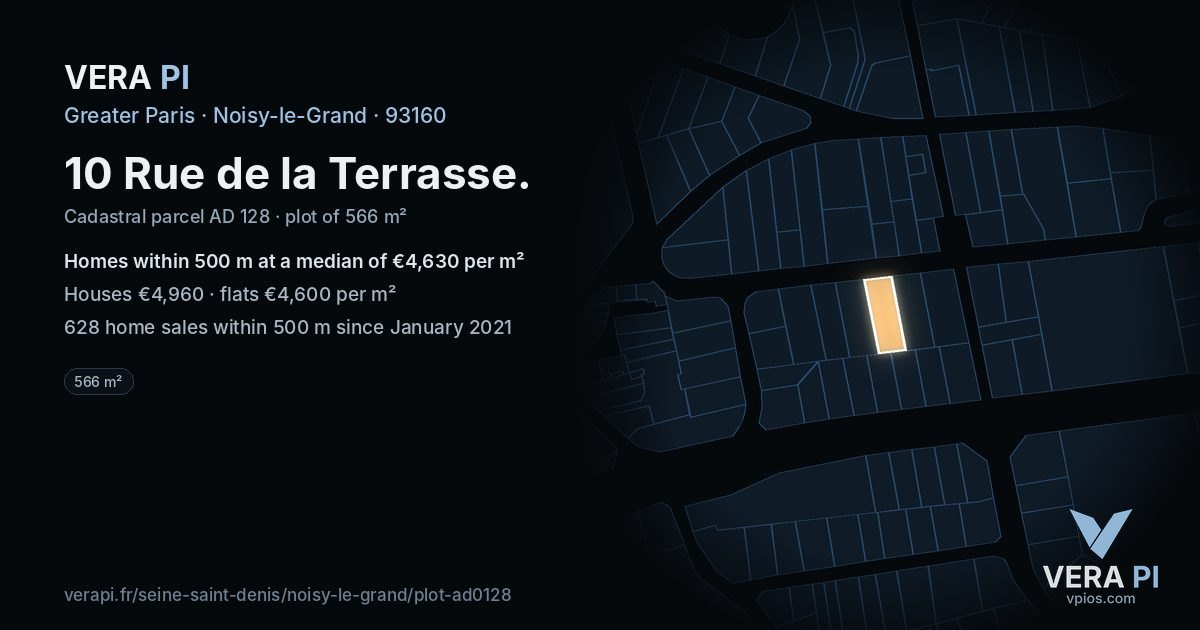 10 Rue de la Terrasse, Noisy-le-Grand at night – the plot lit, the parcels around coloured by the prices near them