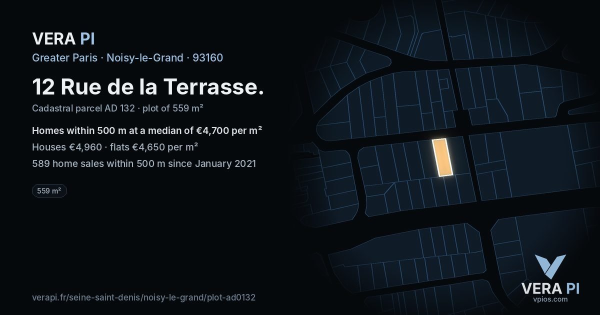 12 Rue de la Terrasse, Noisy-le-Grand at night – the plot lit, the parcels around coloured by the prices near them