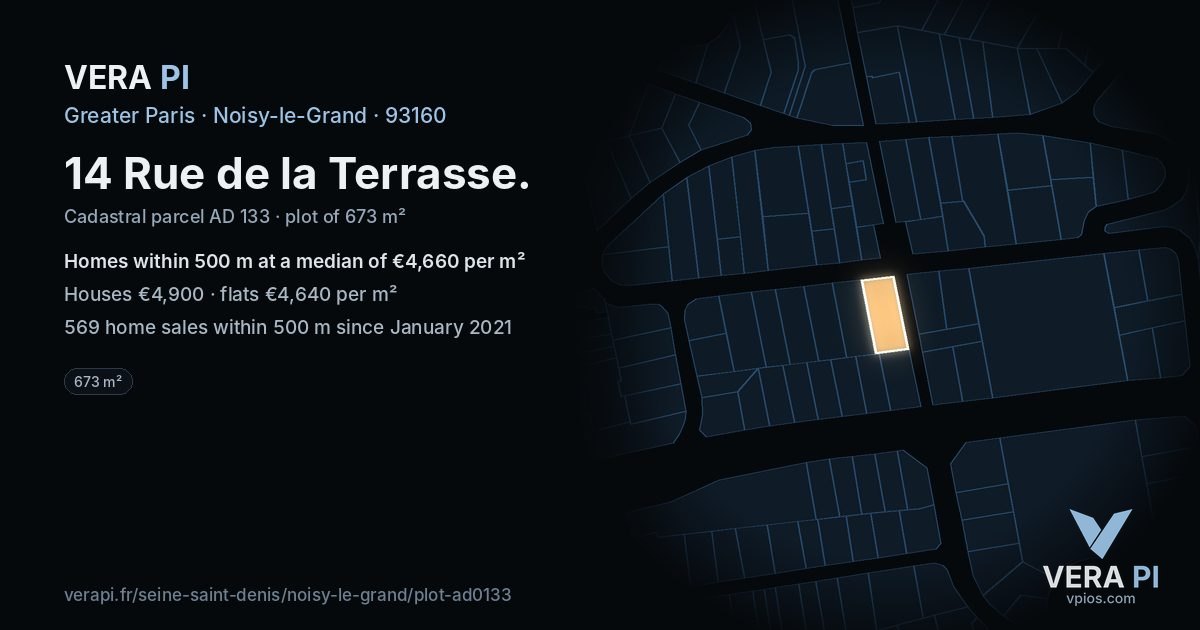 14 Rue de la Terrasse, Noisy-le-Grand at night – the plot lit, the parcels around coloured by the prices near them
