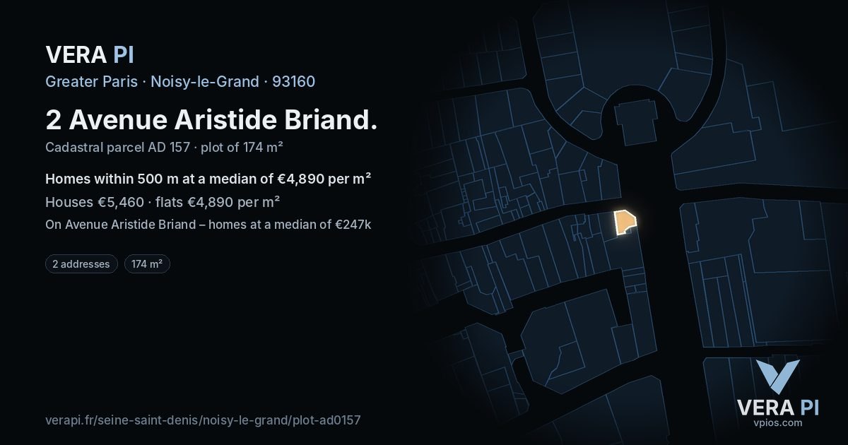 2 Avenue Aristide Briand, Noisy-le-Grand at night – the plot lit, the parcels around coloured by the prices near them