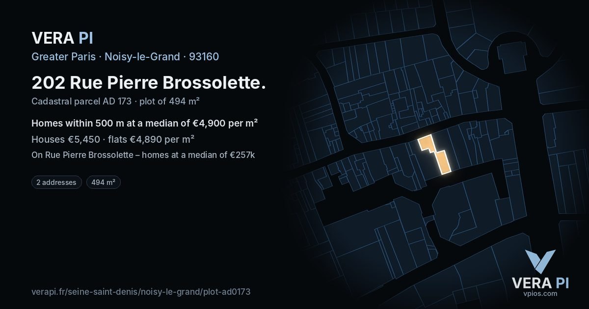 202 Rue Pierre Brossolette, Noisy-le-Grand at night – the plot lit, the parcels around coloured by the prices near them