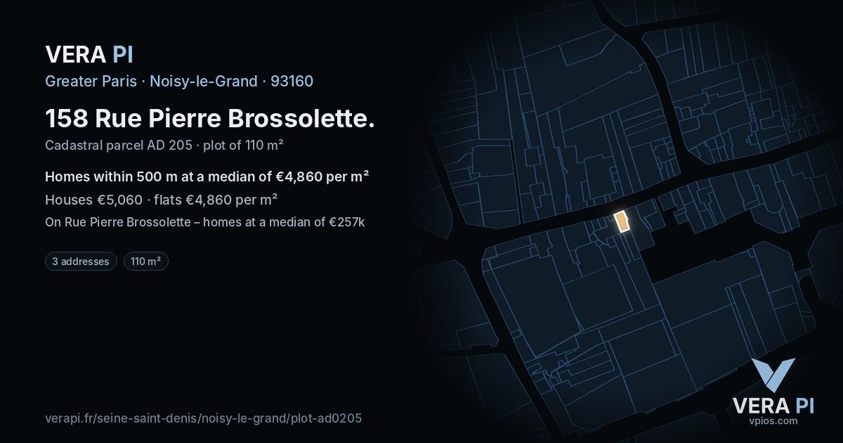 158 Rue Pierre Brossolette, Noisy-le-Grand at night – the plot lit, the parcels around coloured by the prices near them