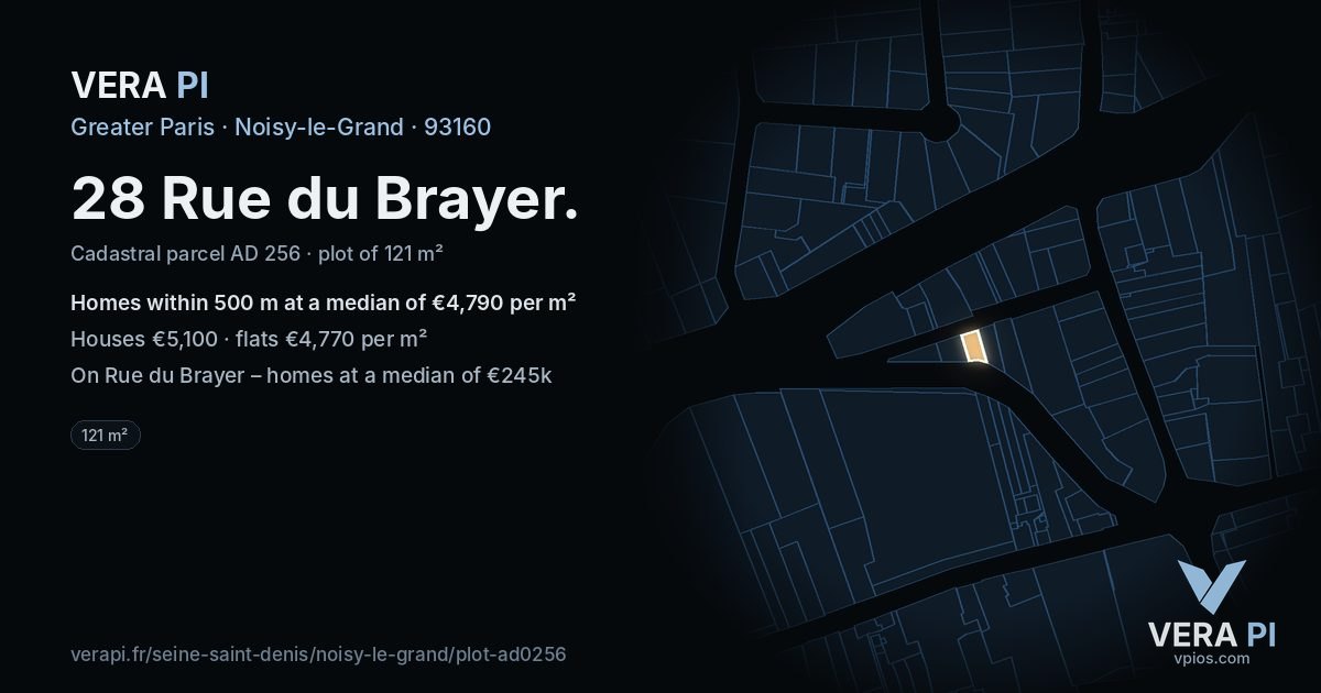 28 Rue du Brayer, Noisy-le-Grand at night – the plot lit, the parcels around coloured by the prices near them