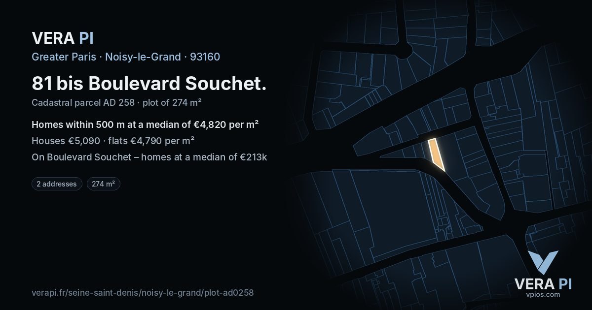 81 bis Boulevard Souchet, Noisy-le-Grand at night – the plot lit, the parcels around coloured by the prices near them
