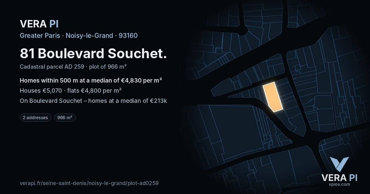 81 Boulevard Souchet, Noisy-le-Grand at night – the plot lit, the parcels around coloured by the prices near them