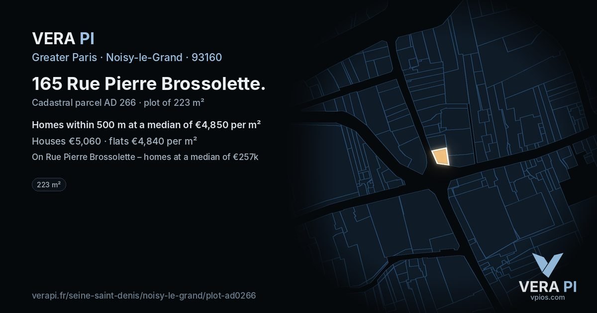 165 Rue Pierre Brossolette, Noisy-le-Grand at night – the plot lit, the parcels around coloured by the prices near them