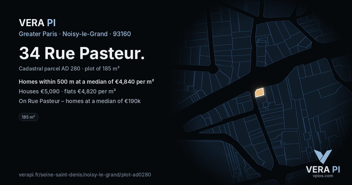 34 Rue Pasteur, Noisy-le-Grand at night – the plot lit, the parcels around coloured by the prices near them