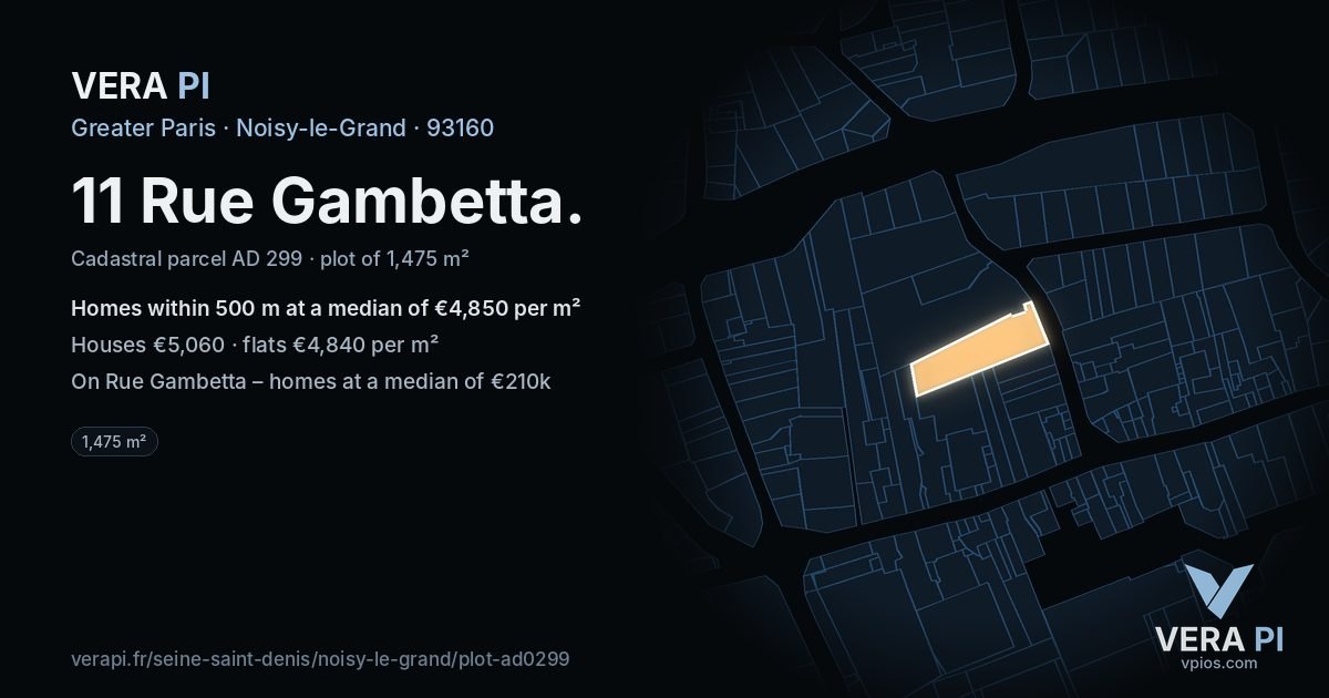 11 Rue Gambetta, Noisy-le-Grand at night – the plot lit, the parcels around coloured by the prices near them