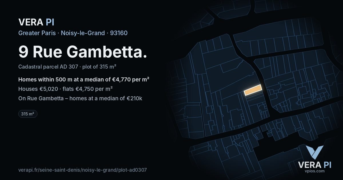9 Rue Gambetta, Noisy-le-Grand at night – the plot lit, the parcels around coloured by the prices near them