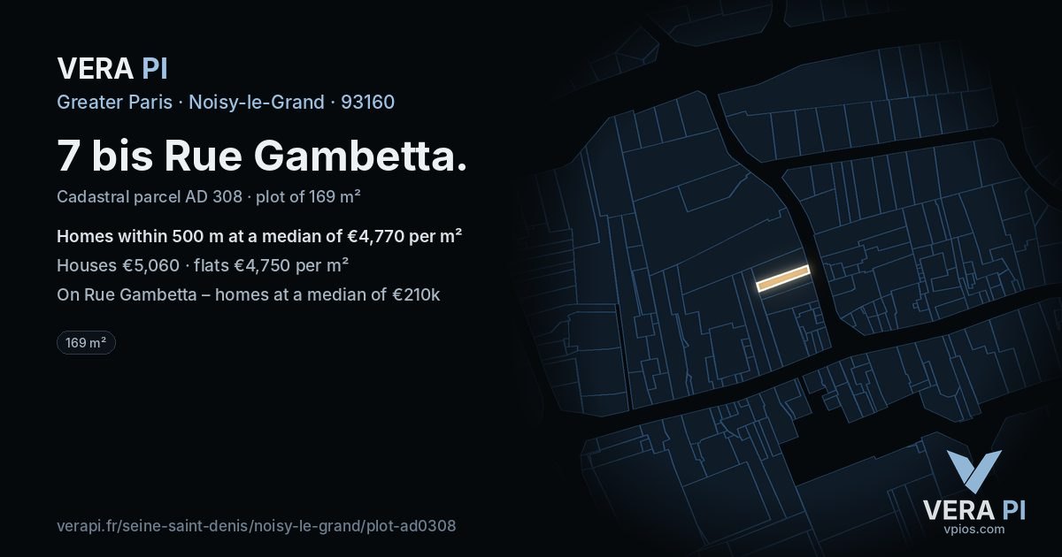 7 bis Rue Gambetta, Noisy-le-Grand at night – the plot lit, the parcels around coloured by the prices near them