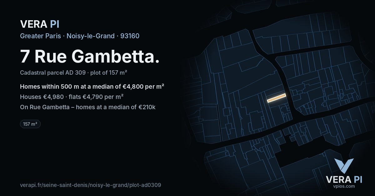 7 Rue Gambetta, Noisy-le-Grand at night – the plot lit, the parcels around coloured by the prices near them