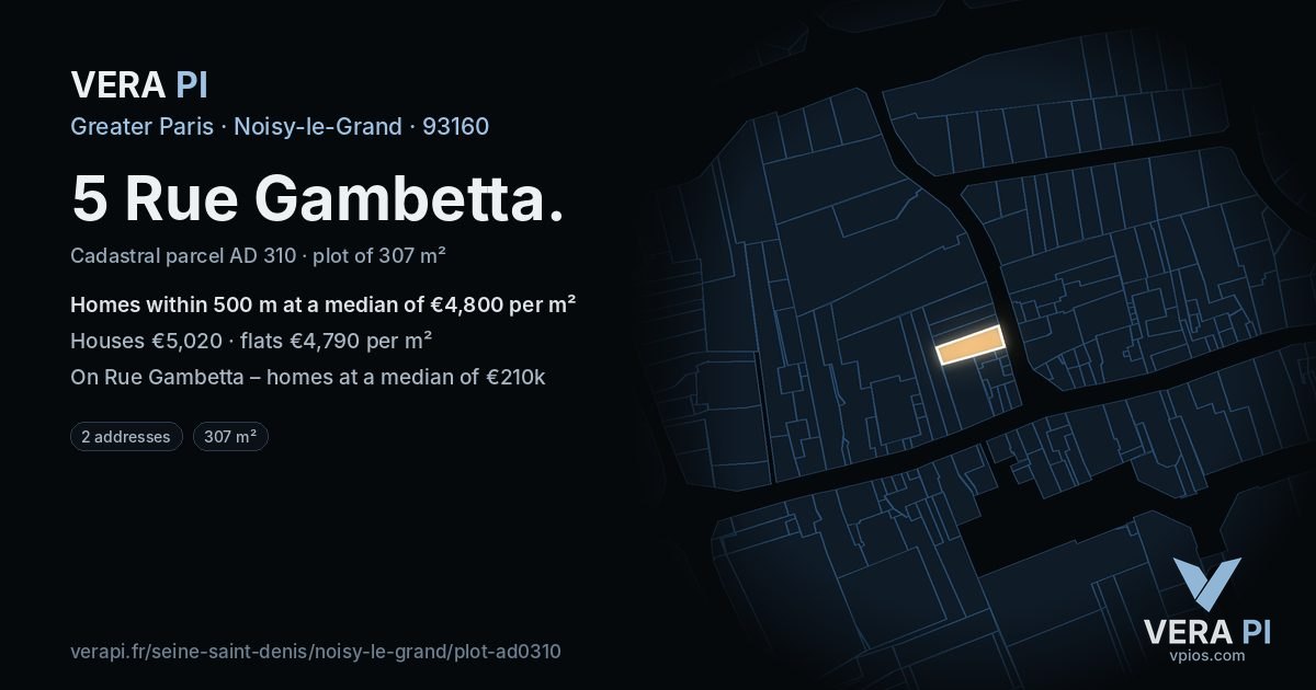 5 Rue Gambetta, Noisy-le-Grand at night – the plot lit, the parcels around coloured by the prices near them