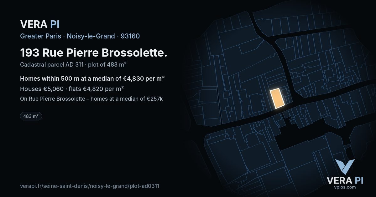 193 Rue Pierre Brossolette, Noisy-le-Grand at night – the plot lit, the parcels around coloured by the prices near them