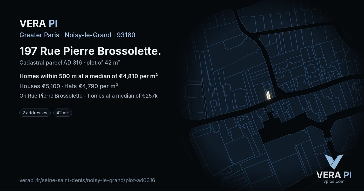 197 Rue Pierre Brossolette, Noisy-le-Grand at night – the plot lit, the parcels around coloured by the prices near them