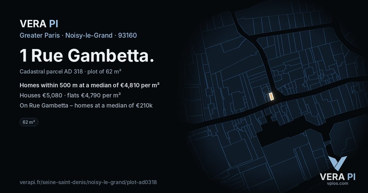 1 Rue Gambetta, Noisy-le-Grand at night – the plot lit, the parcels around coloured by the prices near them