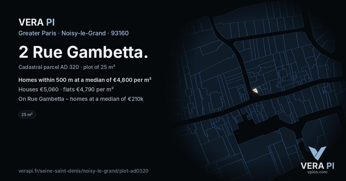2 Rue Gambetta, Noisy-le-Grand at night – the plot lit, the parcels around coloured by the prices near them