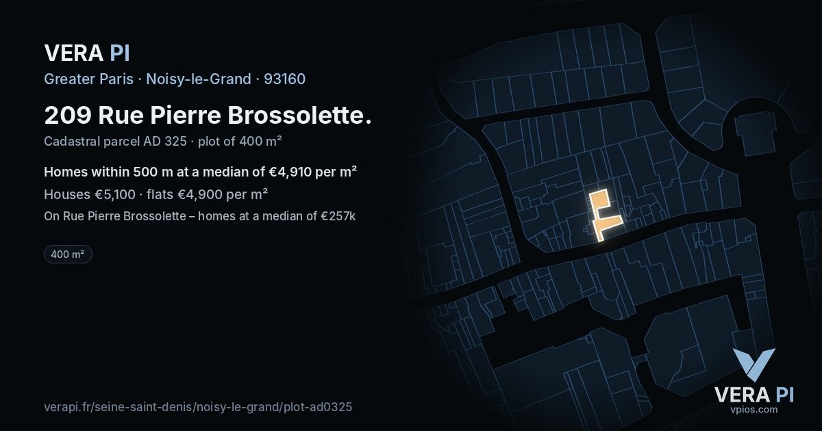 209 Rue Pierre Brossolette, Noisy-le-Grand at night – the plot lit, the parcels around coloured by the prices near them
