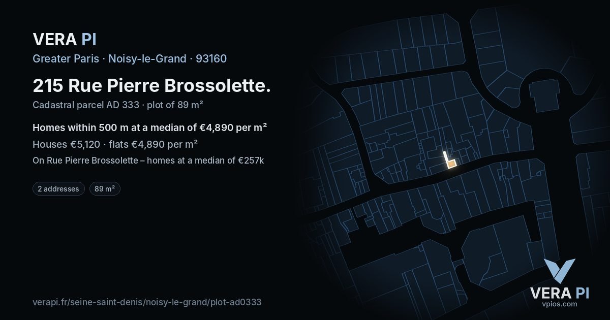 215 Rue Pierre Brossolette, Noisy-le-Grand at night – the plot lit, the parcels around coloured by the prices near them