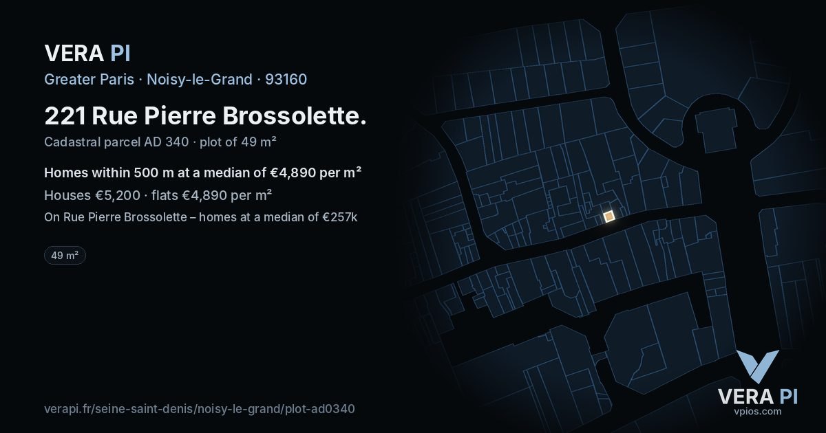 221 Rue Pierre Brossolette, Noisy-le-Grand at night – the plot lit, the parcels around coloured by the prices near them